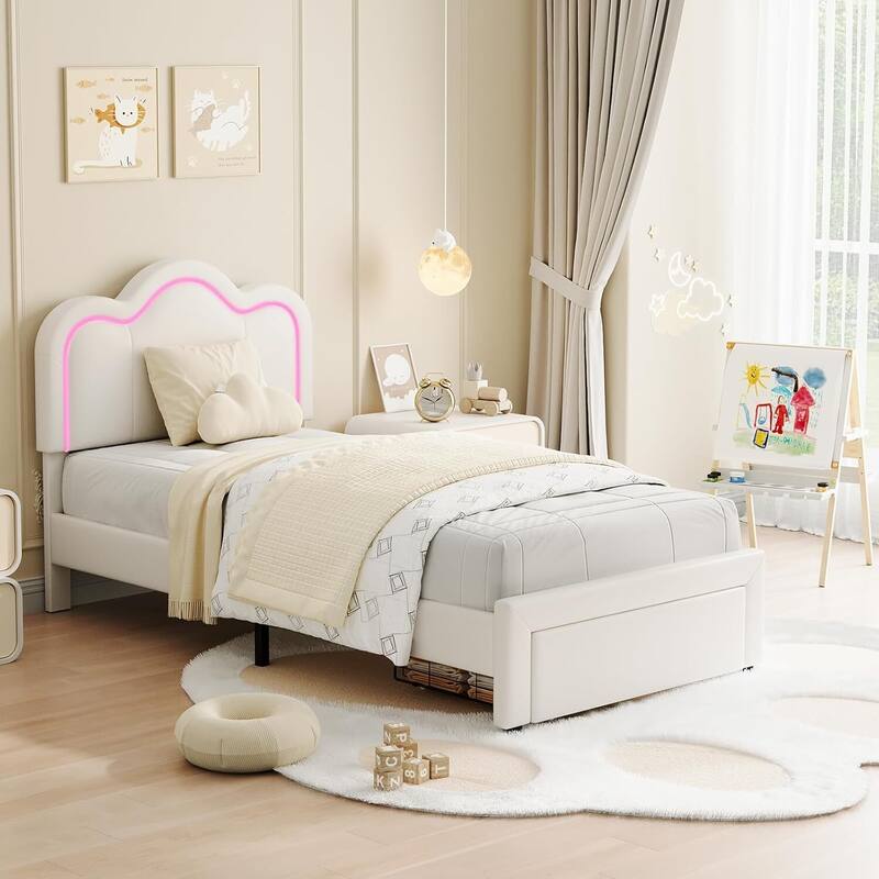 Twin Size Upholstered Bed Frame with RGB LED Light Height Adjustable Headboard, Drawer - Beige