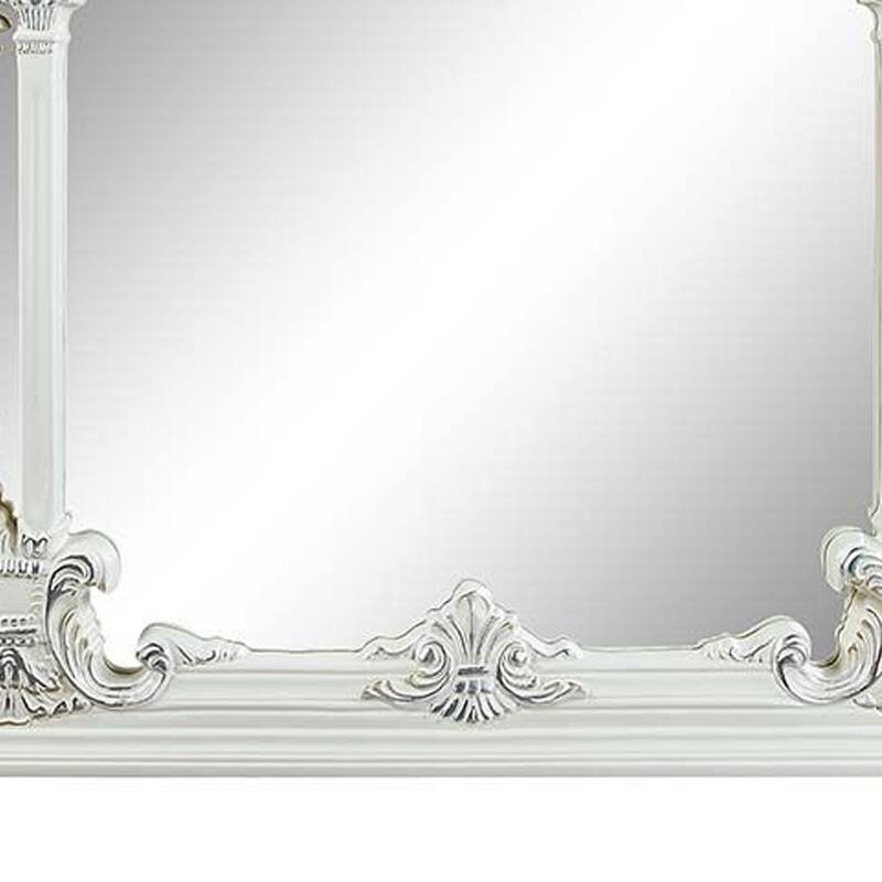 Kin 59 Inch Wood Mirror, Scrolled Ornate Carvings, Silver Trim, White