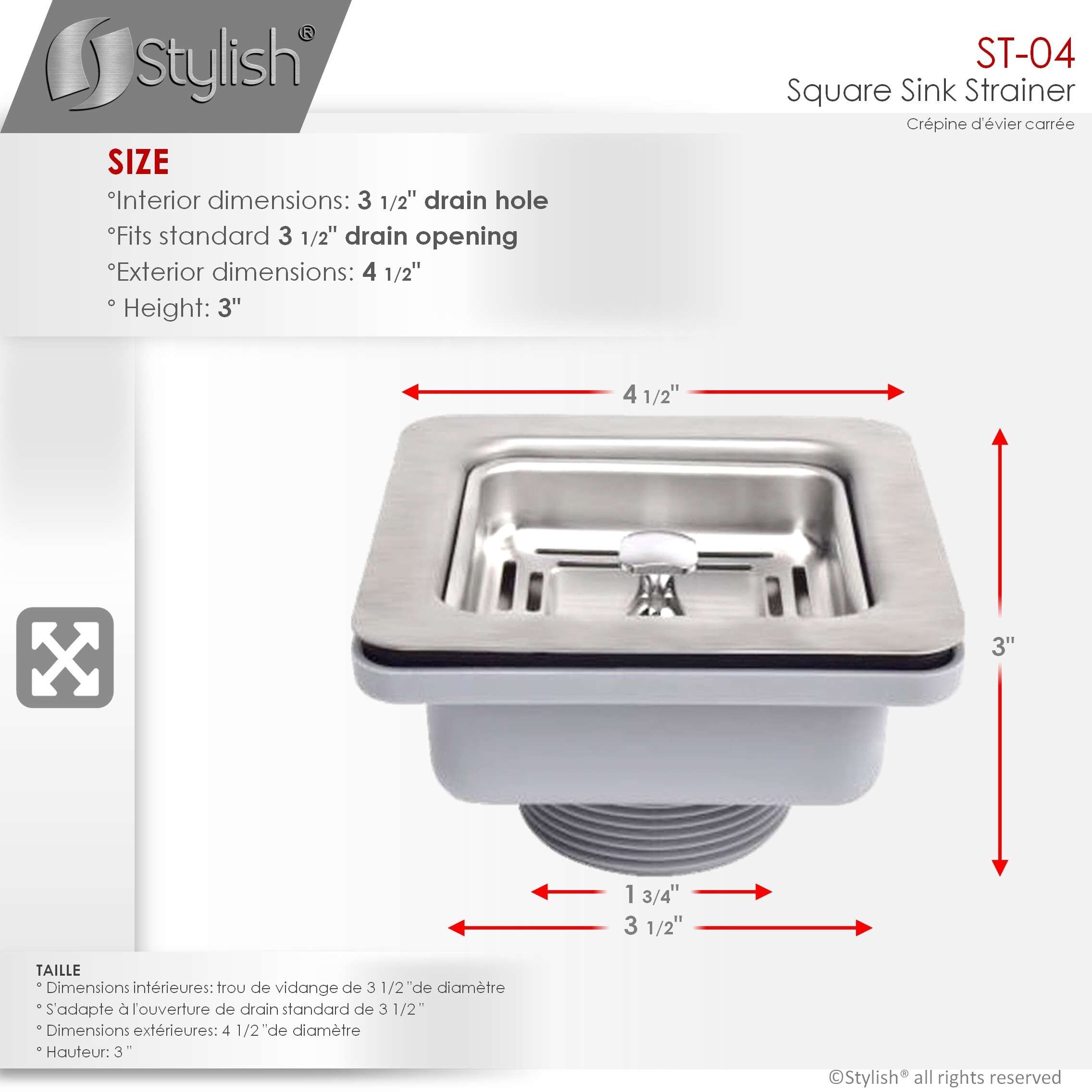 STYLISH 3.5 Inch Square Kitchen Sink Strainer with Removable