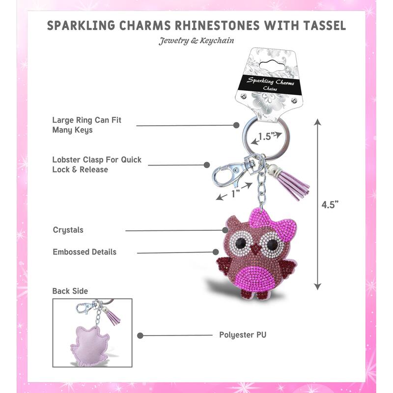 Aqua79 Owl Keychain - Pink Sparkling Rhinestones Charm with Tassel - 2.75 x 2.5 x 0.25 inches