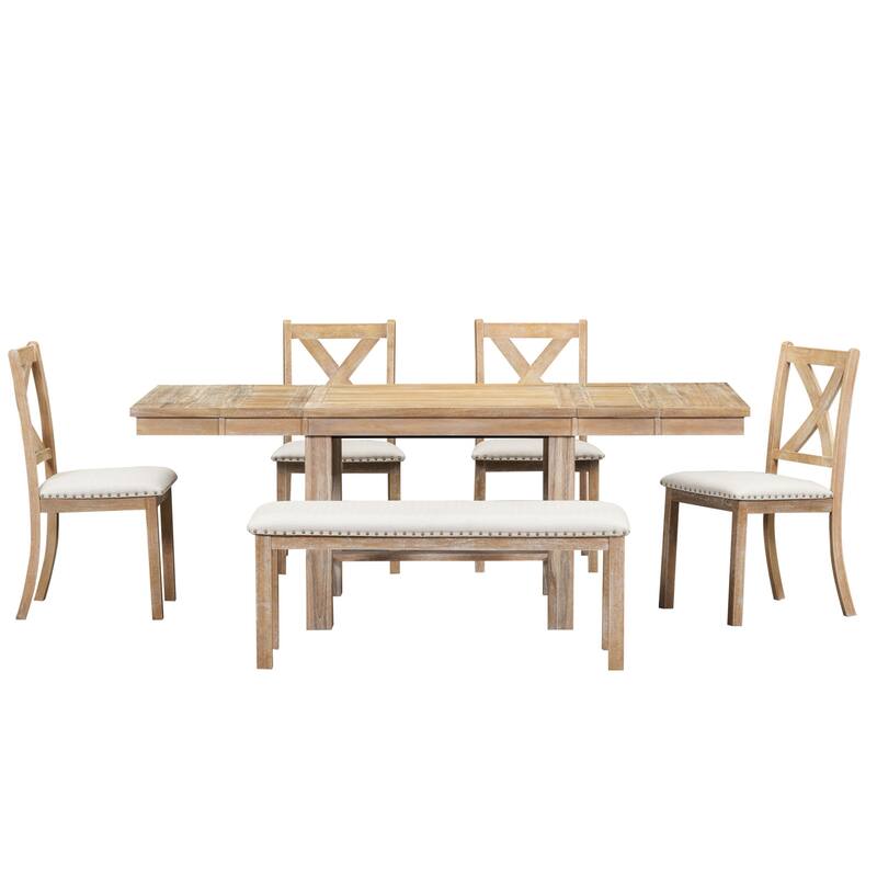 Minimalist Dining Set with Extendable Table, X-Back Side Chairs Upholstered Seat Dining Chairs Padded Bench