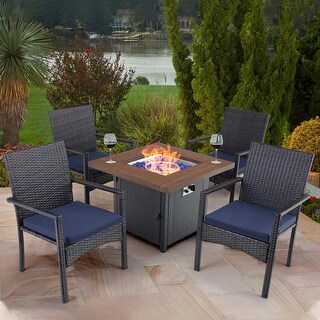 PHI VILLA 34" Gas Fire Pit Table with 4 Rattan Chairs, 5 Piece Propane Fire Pit Set with 5Kg Fire Glass