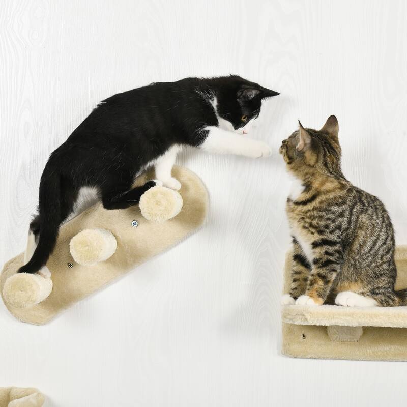 PawHut Cat Wall Shelves, 4 Pcs Cat Wall Furniture Cat Climbing Shelf with Cat Hammock, 3 Steps, Perches, Scratching Postfor