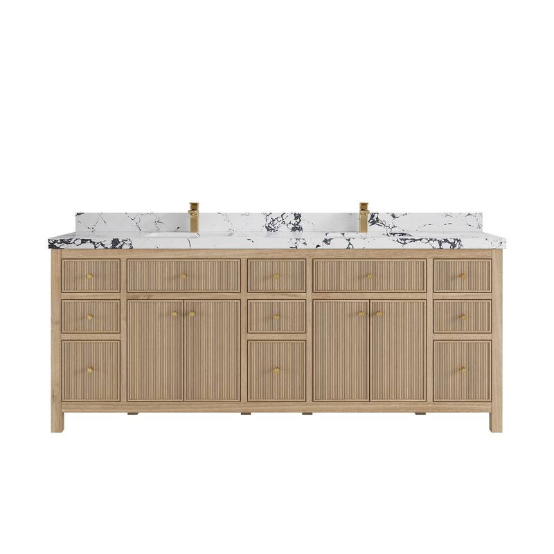 Willow Collections 84 in. W x 22 in. D Sonoma Teak Double Sink Bathroom Vanity with Countertop - 2" Viola Night - Distressed Light Graywashed 