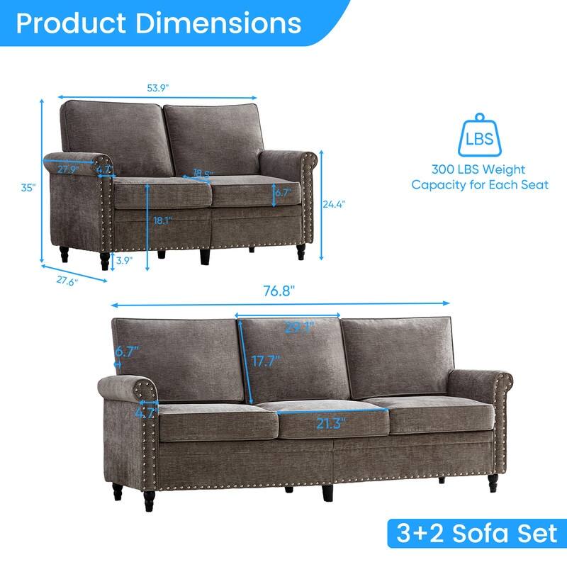 Mixoy 2 Piece Living Room Sofa Set with Riveted Design,Chenille Nailhead W76''3-Seater Sofa Couch with W53''Loveseat Sofa