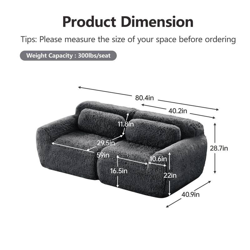 Anmytek 2-Seater Modular Sectional Sofa - No Assembly Required Cozy, Soft Fluffy Plush Fabric 32D High