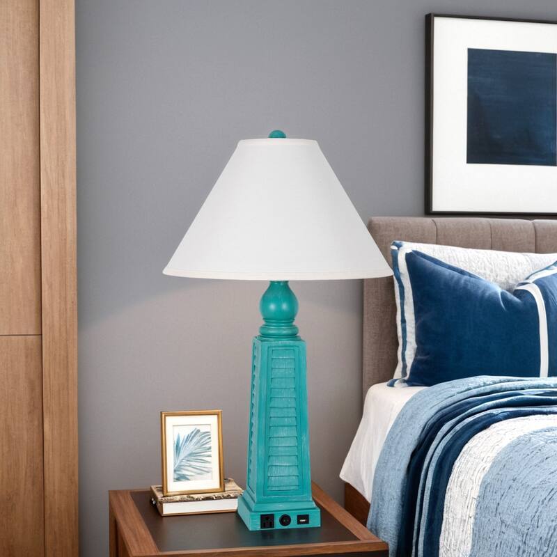 Polyresin 31" Table Lamp with Linen Shade, Dark Teal (Set of 2)