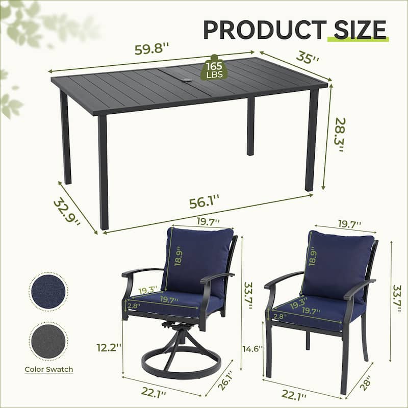 IvyGlow 7-Piece Black Metal Patio Dining Set with Rectangular Table, 2 Swivel Dining Chairs and Gray Cushions