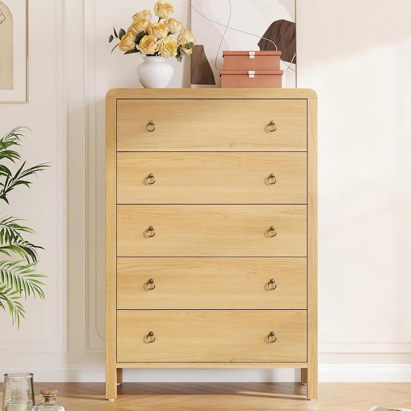 Modern 5 Drawer Dresser with Large Drawers for Bedroom, Living Room - Almond