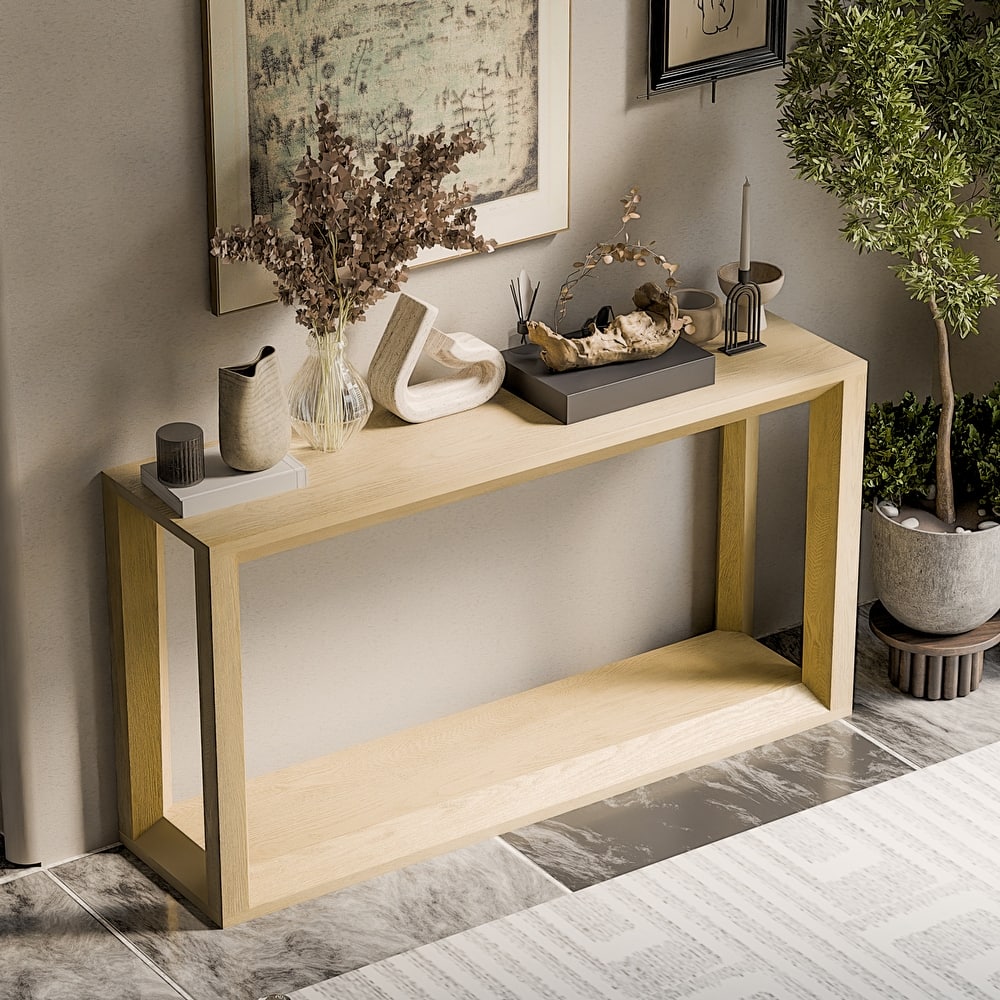 GDFStudio - 60-Inch Veneer Modern Wooden Console Table with Distressed Finish and Open Storage
