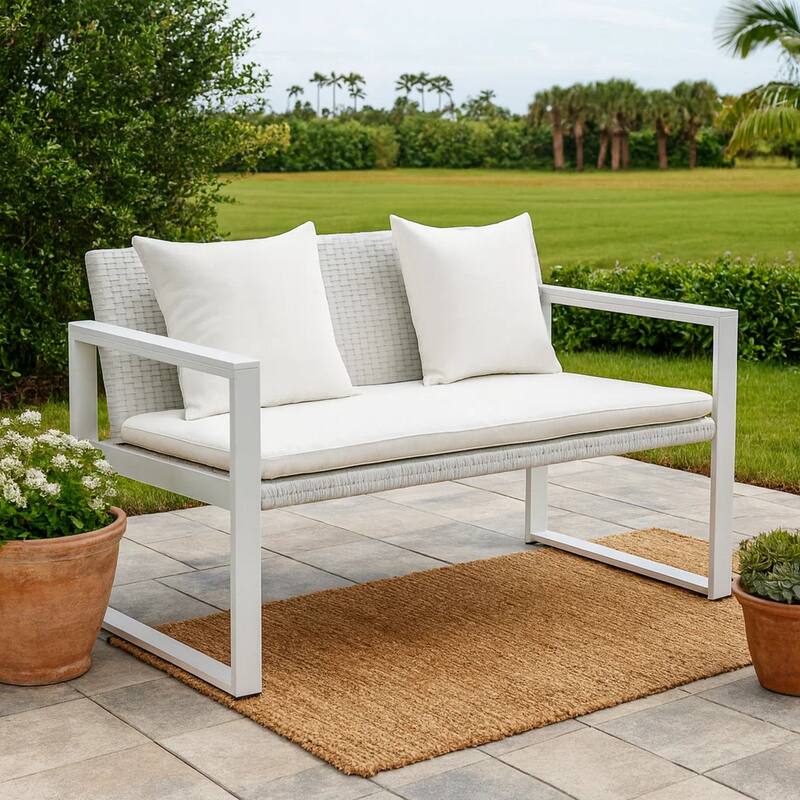 Lark 50 Inch Outdoor Sofa, White Aluminum Frame, Fade Resistant Cushions