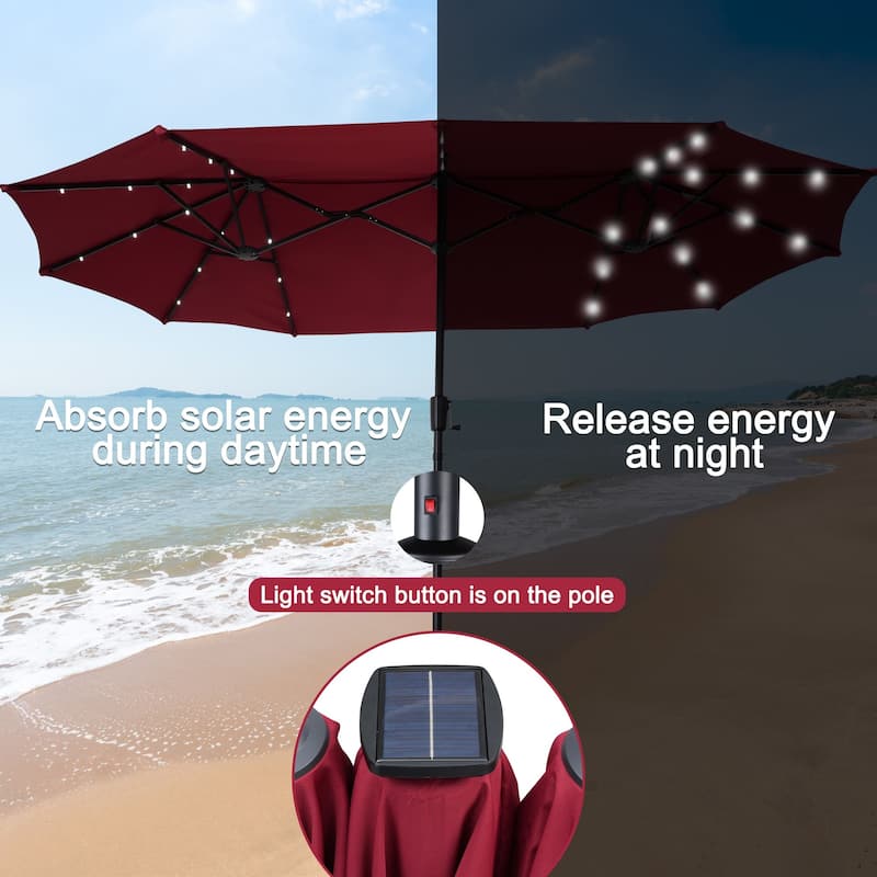 Ainfox 13ft Double-sided Patio Umbrella Solar LED Lighted Outdoor Martet Umbrella with Base