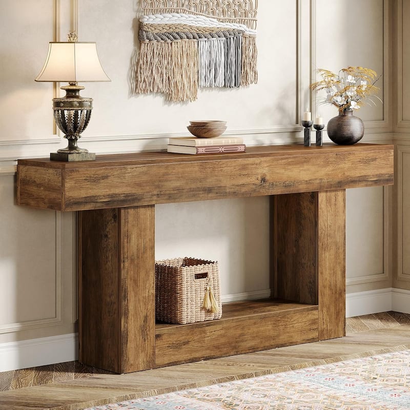 63" Long Console Table, Farmhouse 2-Tier Entryway Table with U-Shaped Base - 63" W x 11.8" D x 32.3" H - Vintage Brown