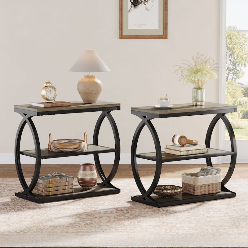 Small 3-Tier End Table for Living Room, Industrial Wooden Side Table with Metal Frame, Rustic Brown - 2Pack-Grey
