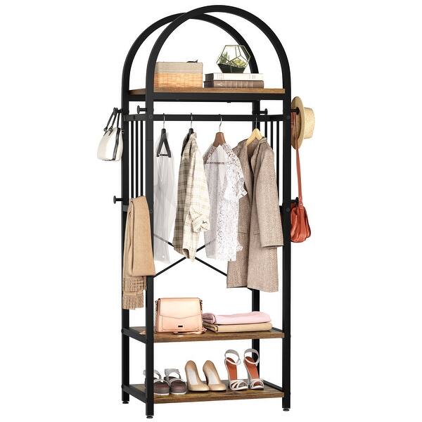 Freestanding Hall Tree Coat Rack with 8 Hanging Hooks Storage Shelves for Hallway Bedroom On