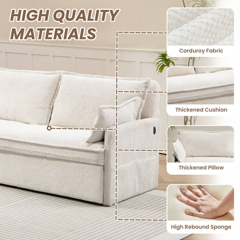 59.5" Ergonomic Sofa Bed with Storage & Charging - Supportive Chenille Convertible Sleeper, 800lb Capacity, Side Pockets