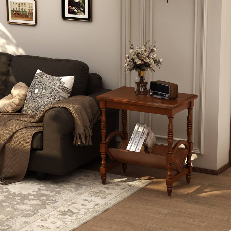 Wooden Side Table Accent Table, End Table Coffee Table with Magazine Rack, Classic Bedside Table with Storage Shelf