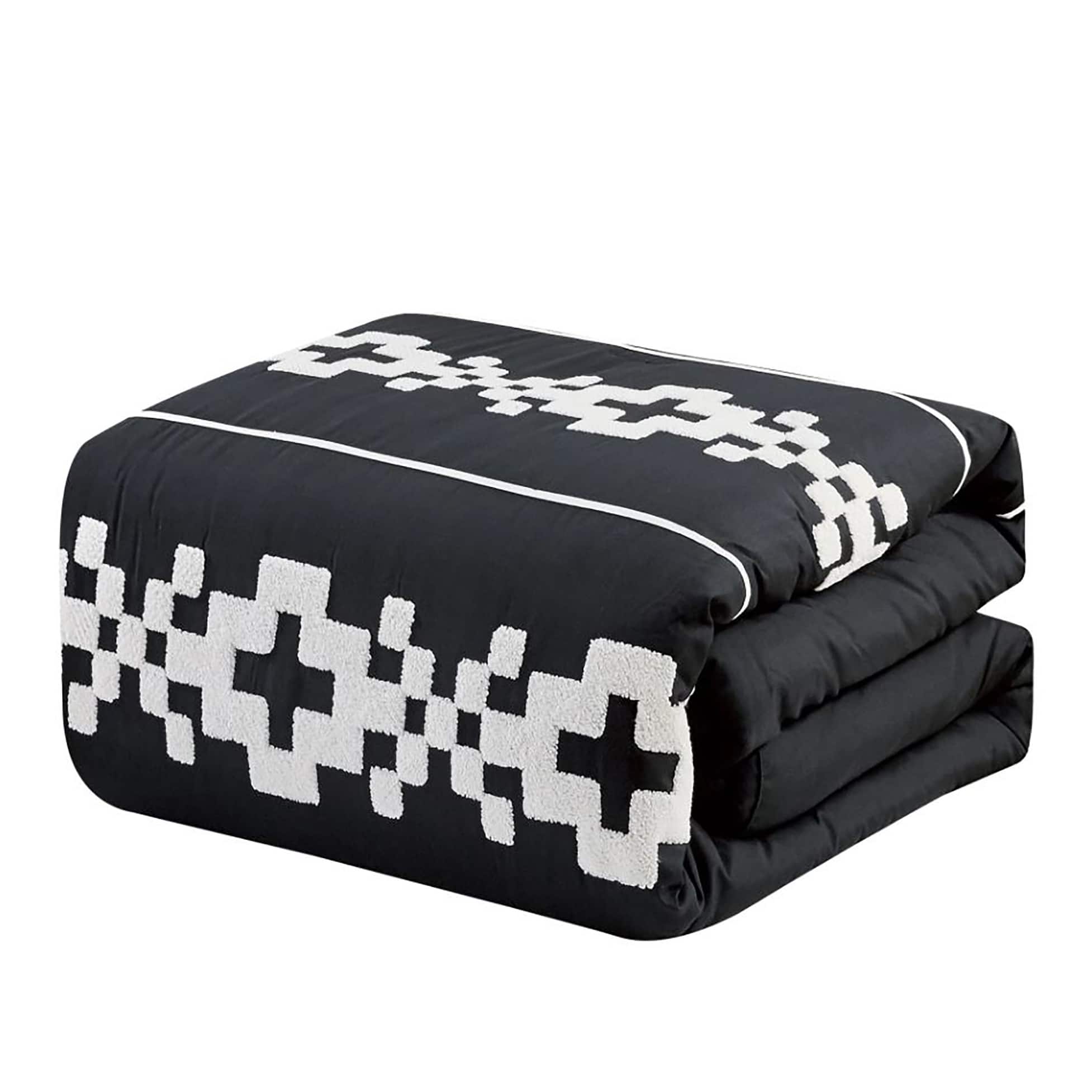 7 Piece Black White Boho Comforter Set Modern Embroidery Soft Bedding