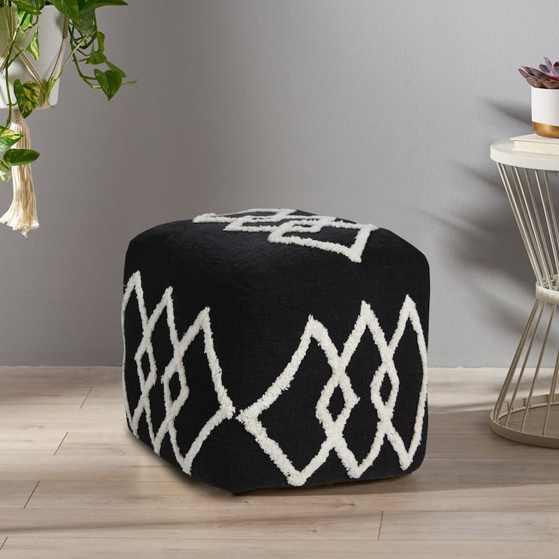 18" Black and White Overlapping Diamonds Square Pouf Ottoman