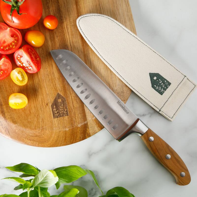 Bloomhouse 7 Inch German Steel Santoku Knife W/ Italian Olive Wood Forged Handle