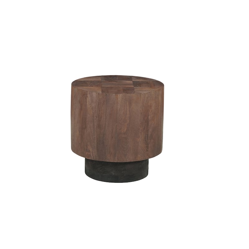 Caden Round Solid Mango Wood End Table with Geometric Top - Dark Walnut