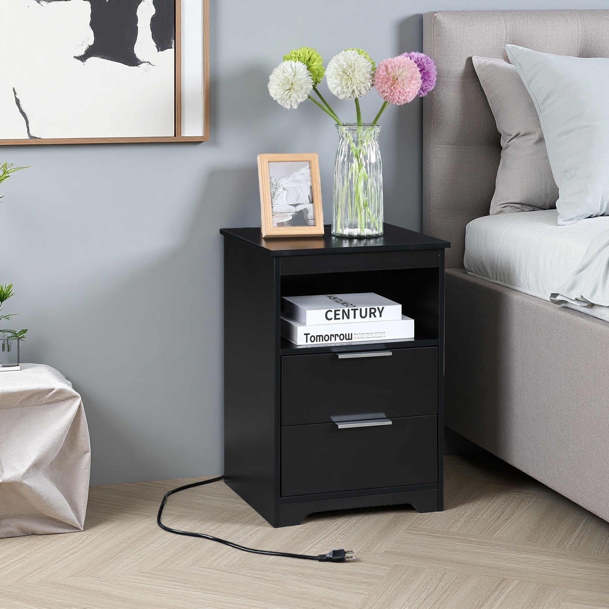 15.7"L Wooden Nightstand with Charging Station, 2 Drawers & Open Shelf, Modern End Table for Bedroom or Living Room
