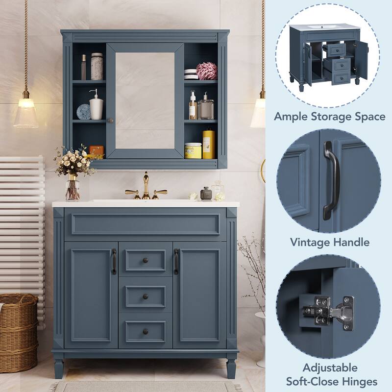 36 Inch Freestanding Bathroom Vanity with Sink, 2 Soft-Close Doors & 2 Drawers, Rectangular Ceramic Basin Included