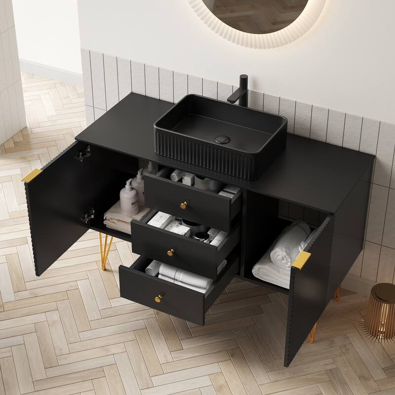 GDFStudio - Gema 48" Freestanding Bathroom Vanity with Black Sintered Stone Top, Gold Legs & Ceramic Basin - Black
