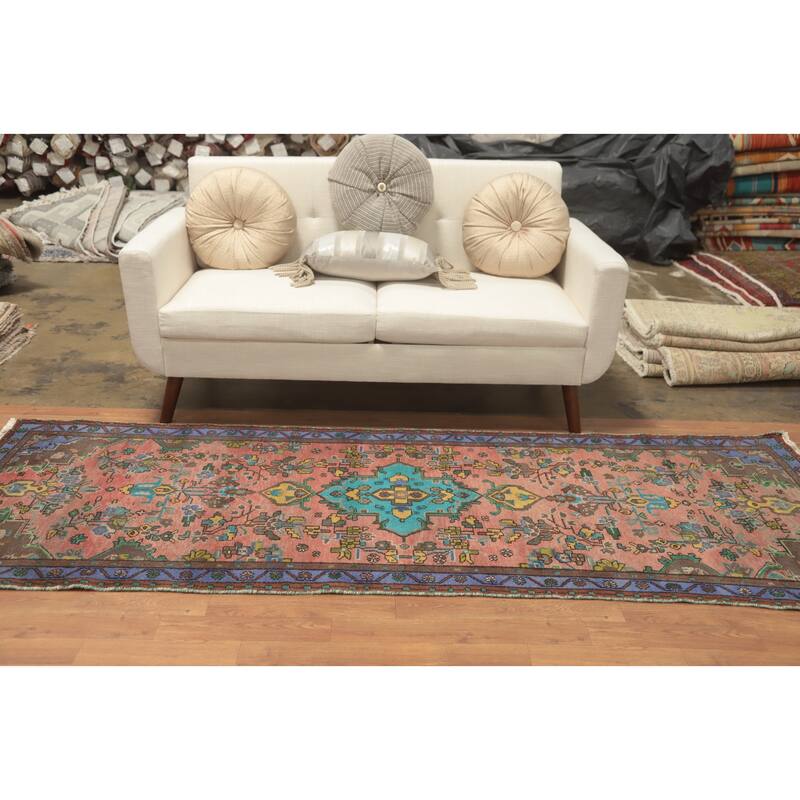 Hand Knotted Oriental 100% Wool Carpet Traditional Floral Pink Hamedan Runner Rug - 8' 10'' X 3' 1''
