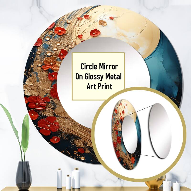 Designart "Gold Red Abstract Fractal Gold And Red" Abstract Living Room Mirror - Gold Modern Round Mirror