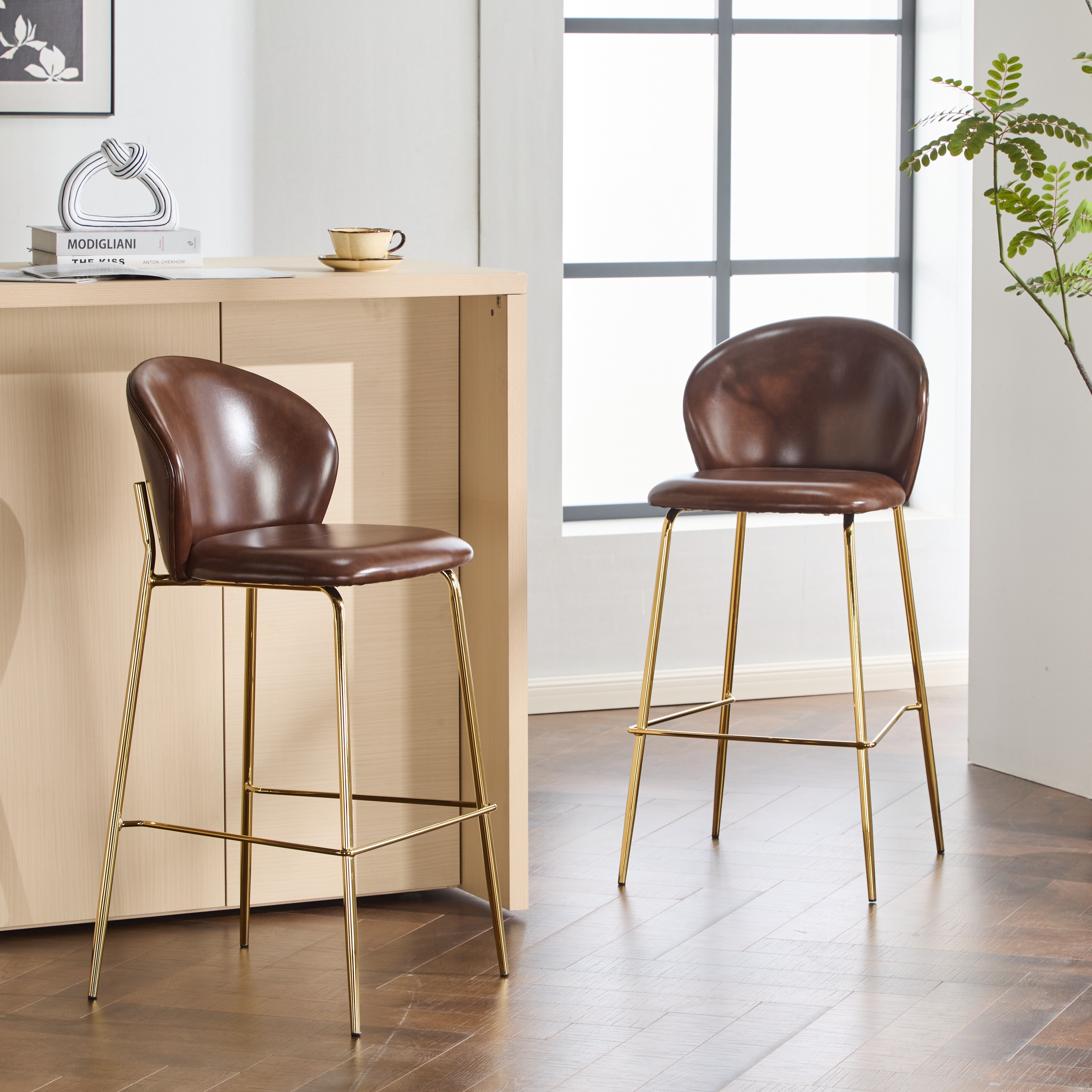 Faux Leather Upholstered Bar Stool Set of 2, Counter Height Bar Stools, Breakfast Stools with Backrest & Metal Frame