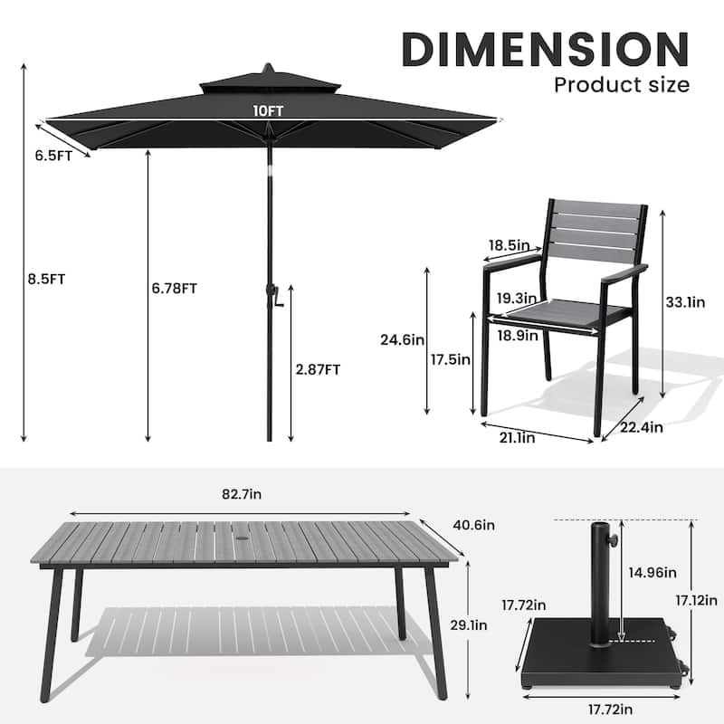11-Piece Outdoor Dining Set 8 Stackable Chairs and Aluminum Table w/ 10 ft Umbrella and Base Stand