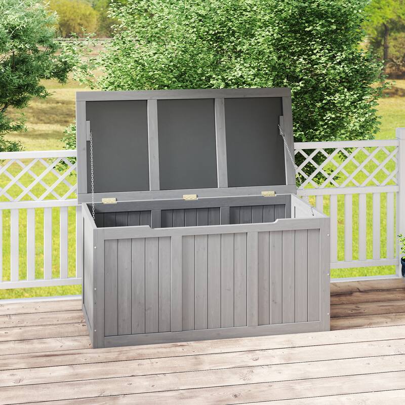 67 Gallon Wooden Deck Box Solid Wood Storage Box Seat & Table Top for Patio Furniture Cushions, Pool Toys & Garden Tools