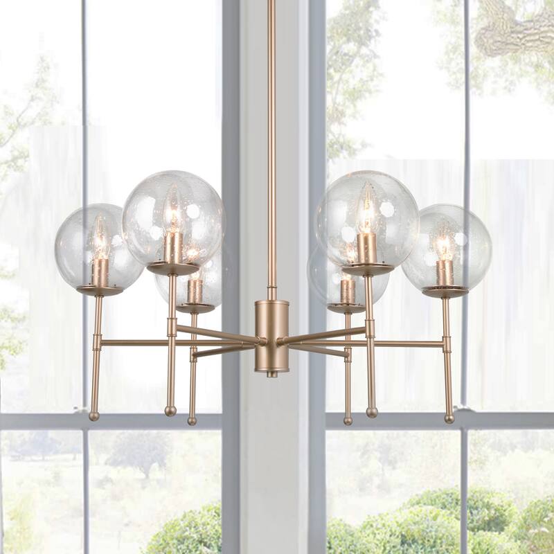 Holla Mid-century Modern Sputnik 6-light Chandeliers Globe Seeded Glass for Dining Room - D22'' x H 90'' - D22'' x H 90'' - Brass Gold