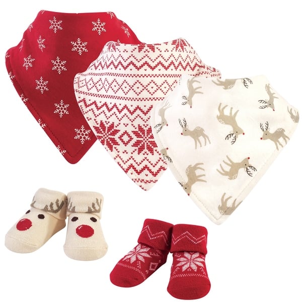 slide 1 of 1, Hudson Baby Infant Cotton Bib and Sock Set 5pk, Reindeer, One Size - Reindeer - One Size One Size - Reindeer