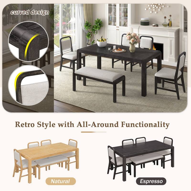 6-Piece Set, 59.8" Extendable Wooden Dining Table with 4 Chairs and 1 Bench