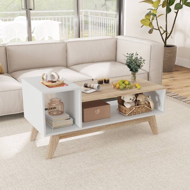 Gymax Coffee Table 43'' Center Table w/ Stepped Tabletop & Storage