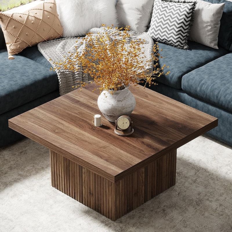 31.5 Brown Wood Square Coffee Table, Large Fluted Coffee Table for Living Room
