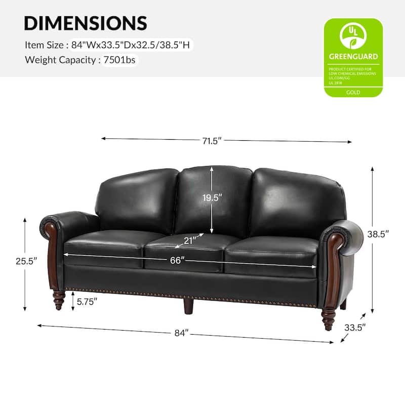 Eduard 84" Traditional Genuine Leather Sofa with Carved Wood Legs by HULALA HOME