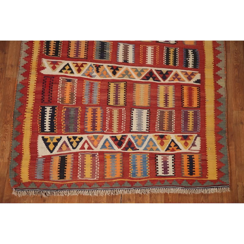 Vegetable Dye Kilim Qashqai Persian Vintage Rug Flatweave Wool Carpet - 4'3"x 6'4"