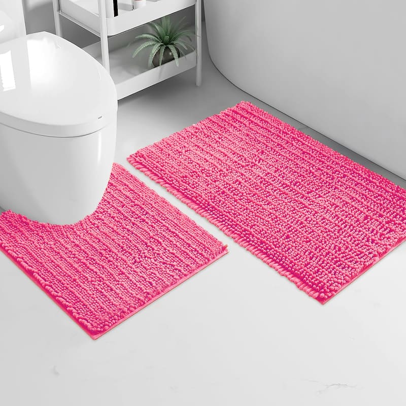2 Piece Set Hot Pink Soft Cozy Plush Chenille Bath Mat Bathroom Rug - 30"x20"+20"x20"U - Hot Pink