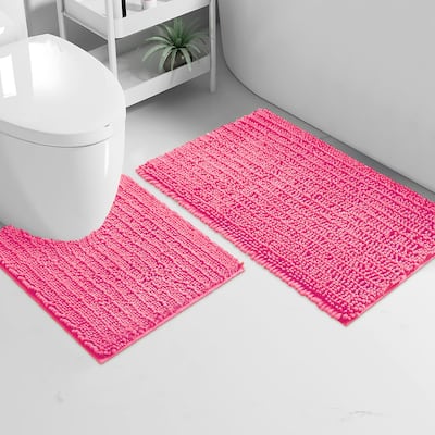 2 Piece Set Hot Pink Soft Cozy Plush Chenille Bath Mat Bathroom Rug