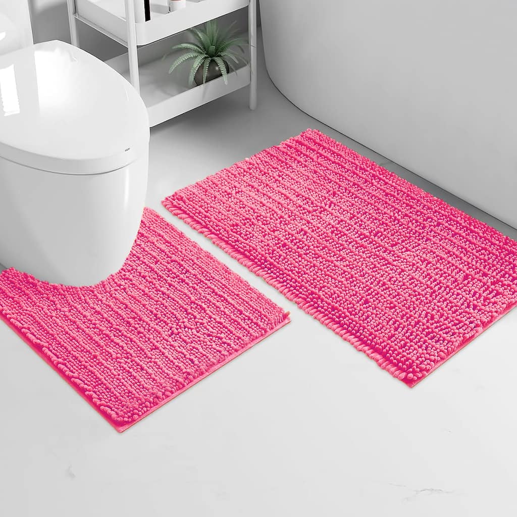 2 Piece Set Hot Pink Soft Cozy Plush Chenille Bath Mat Bathroom Rug