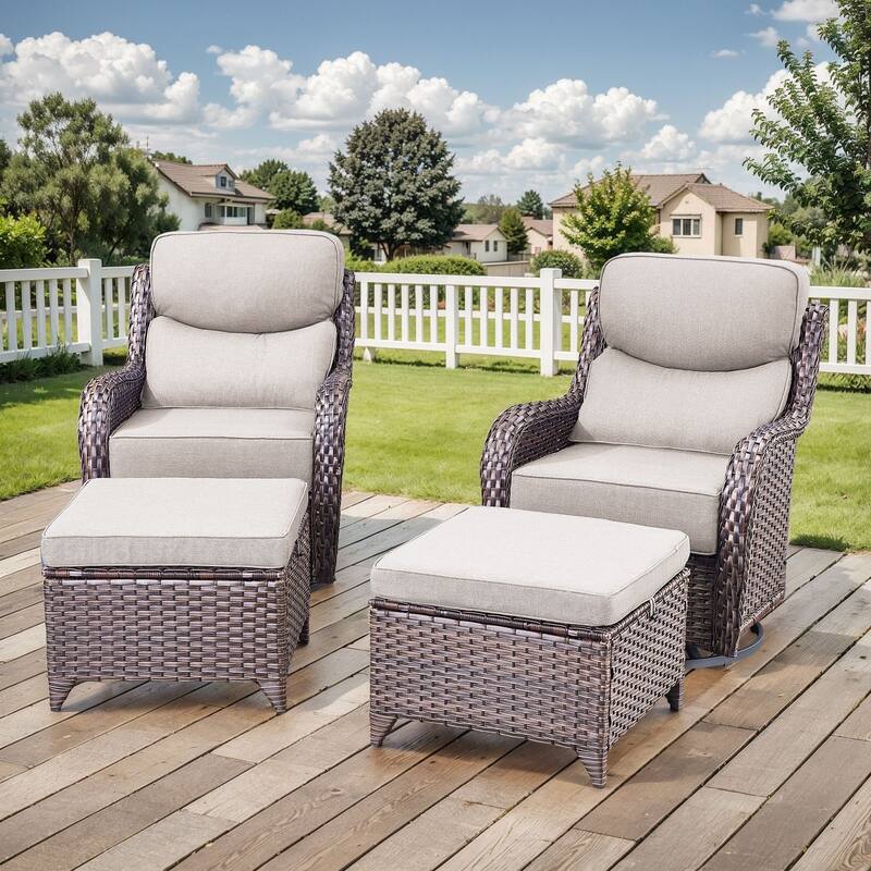 Outdoor Swivel Chairs with 6-Inch Thick Cushions for Garden - Brwon Wicker Beige Cushion - 4PCS Swivel Chair w/ Ottoman