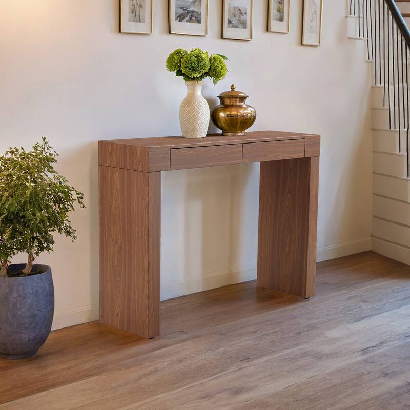 Roomfitters Modern Bar Table with Storage and Wood Grain Finish, 50 Inch Desk or Console