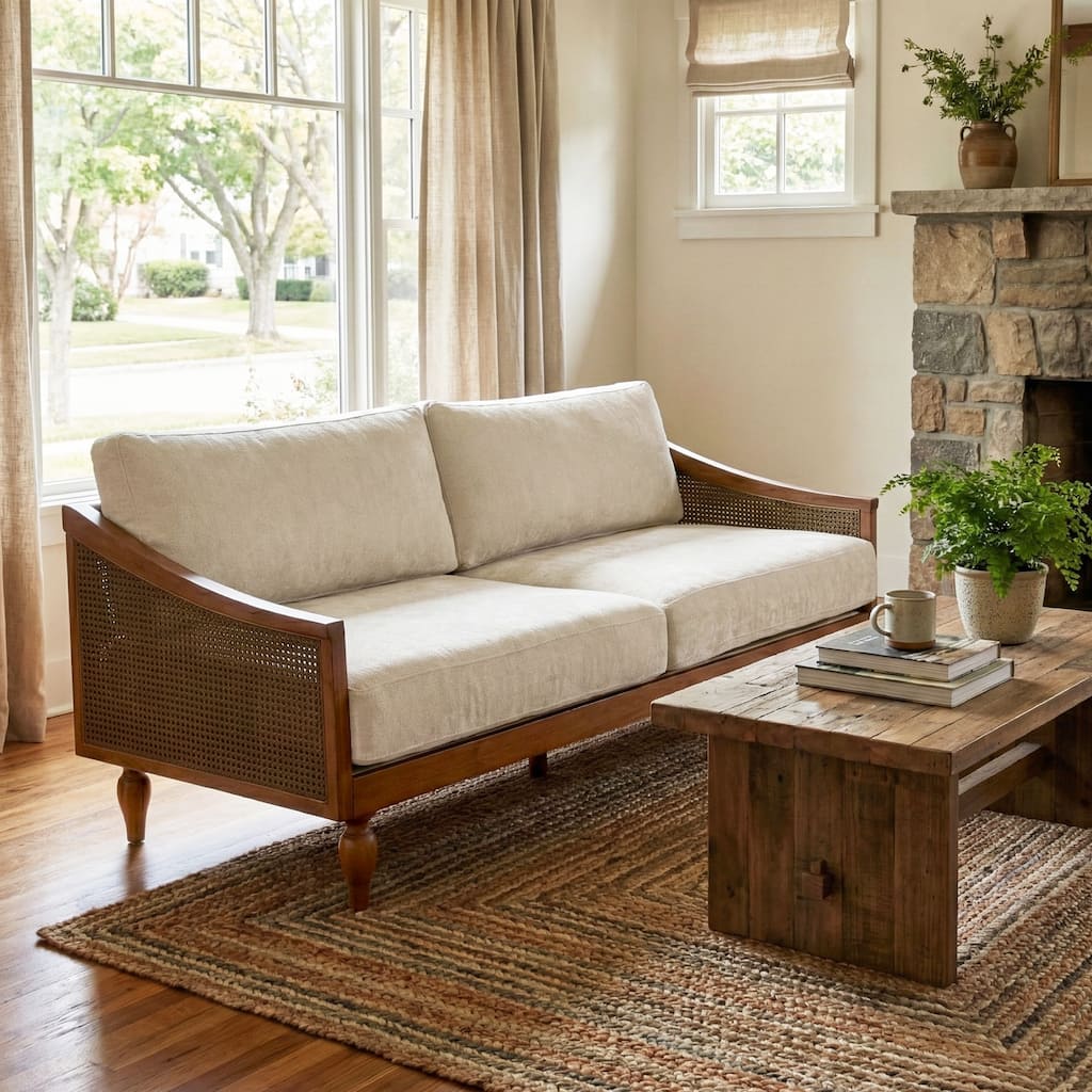 Roomfitters Mid-Century Modern Loveseat Sofa with Rattan Armrests, Solid Wood Frame