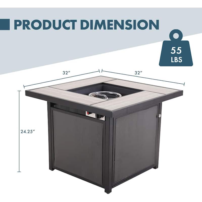 32 INCH Fire Pit Table, Propane Firepit Outdoor Gas Fire Pits Clearance, 50,000 BTU with Ceramic Tile Tabletop, Lid, Lava Rocks
