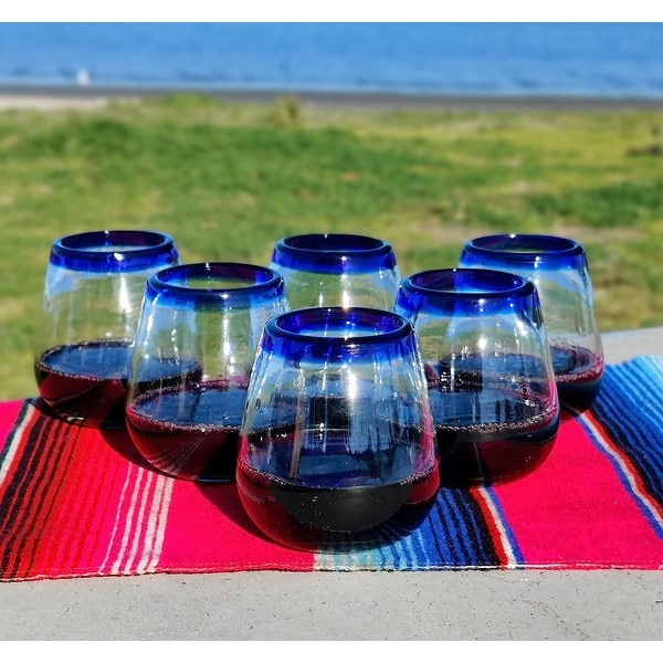 Hand Blown Mexican Stemless Wine Glasses - Set of 6 Glasses with Cobalt Blue Rims (15 oz)