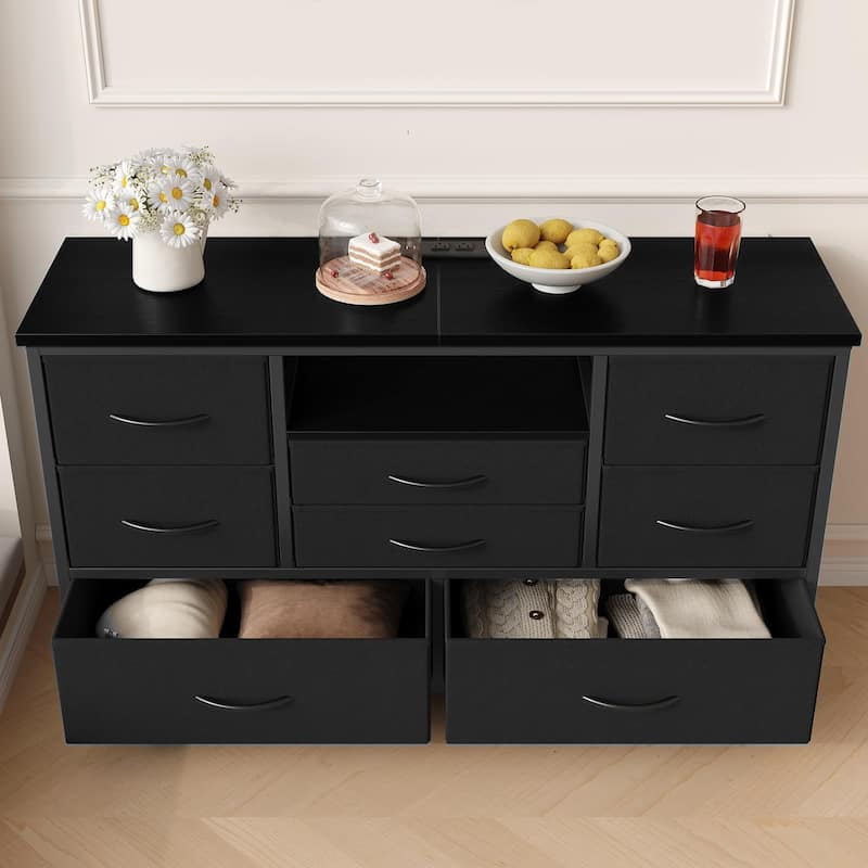 8-Drawer Fabric TV Stand with LED Lights & Built-in Power Outlets