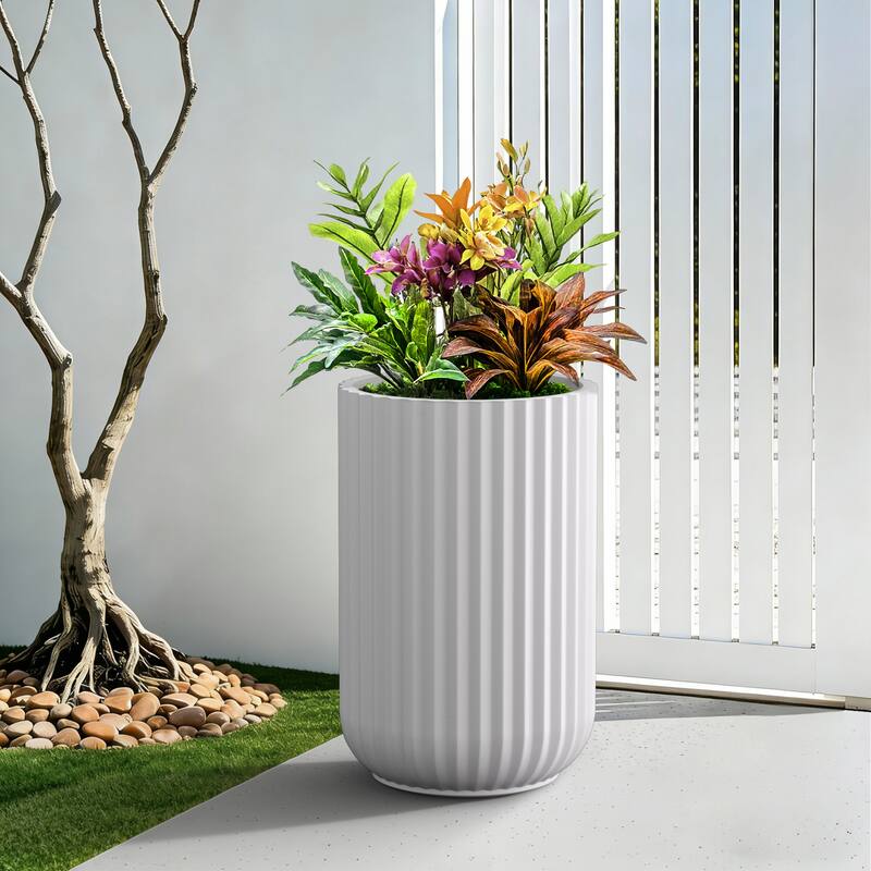 Concrete Tall Round Ribbed Design Planter with Drainage Hole